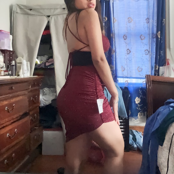 Maroon Wine Sparkly Dress. Beautifully tie back design. Form Body Hugging. - Picture 3 of 6